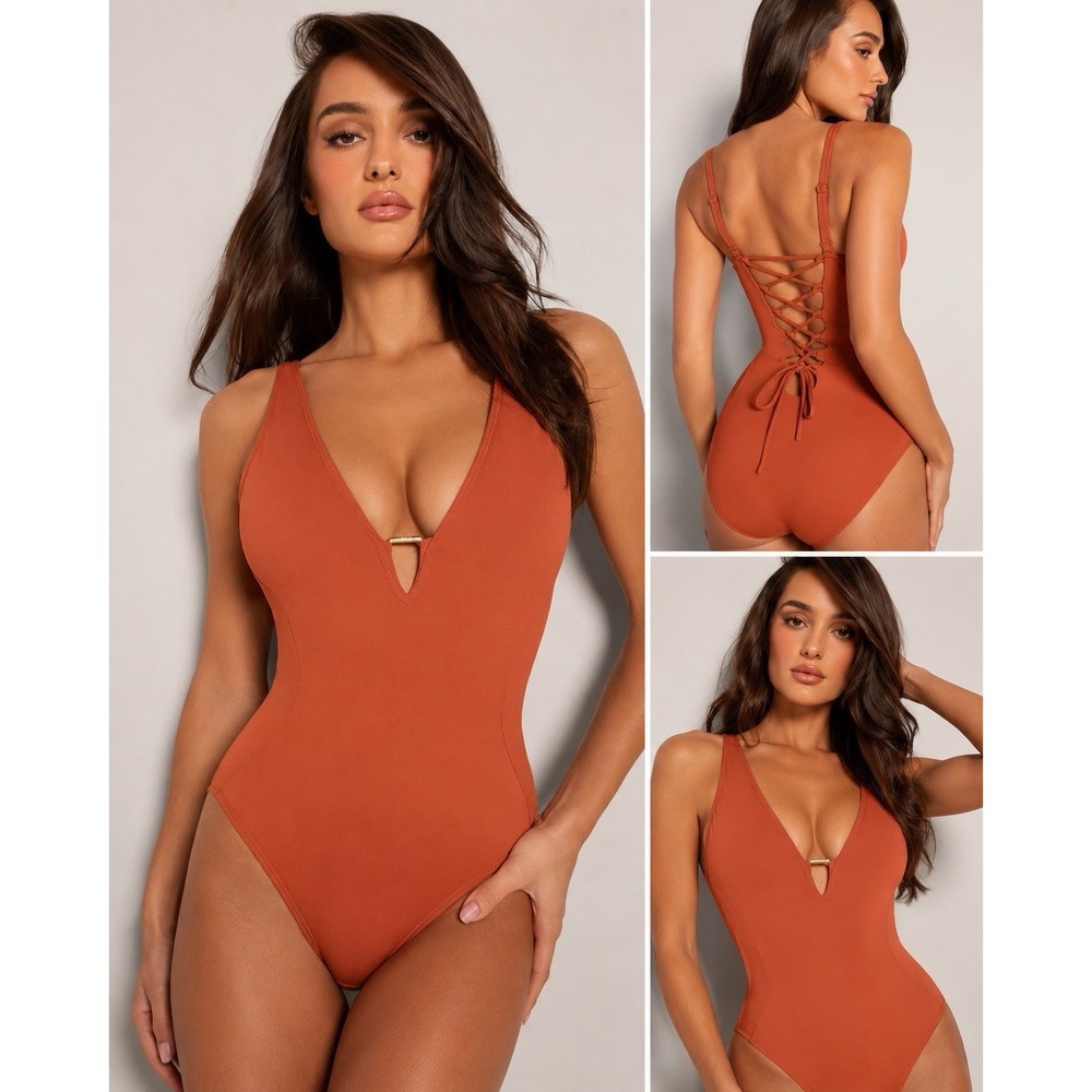 TA3 Plungey Triangle One Piece Swim Suit Size Extra Small Regular Long Clay NWT